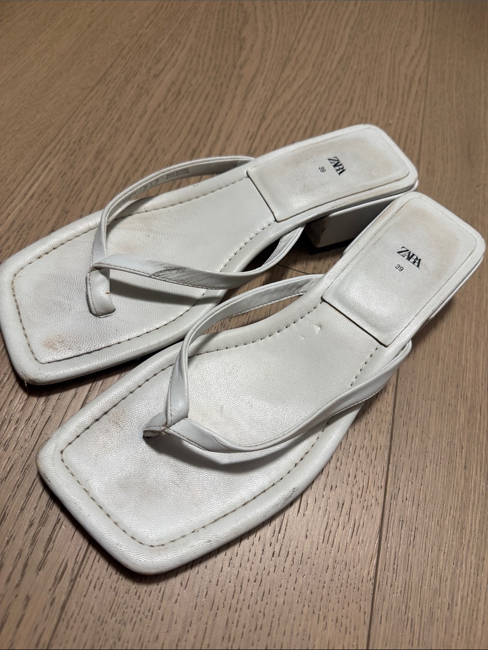 Zara White Square-Toe Heeled Thong Sandals